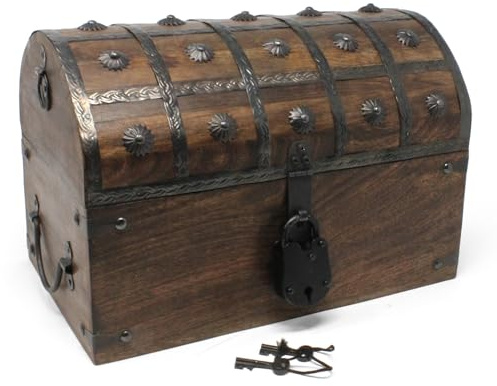Nautical Cove Pirate Treasure Chest with Iron Lock and Skeleton Key - Wooden Storage and Decorative Box (Large 13 x 8 x 8.25)