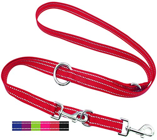 DEY - Premium Hundeleine Nylon 2m | Reflektierend | 3fach Verstellbar | für Kleine, Mittelgroße u. Große Hunde | viele Farben |Doppelleine Hund | Schleppleine | Führ-Leine | Welpenleine | Rot, M
