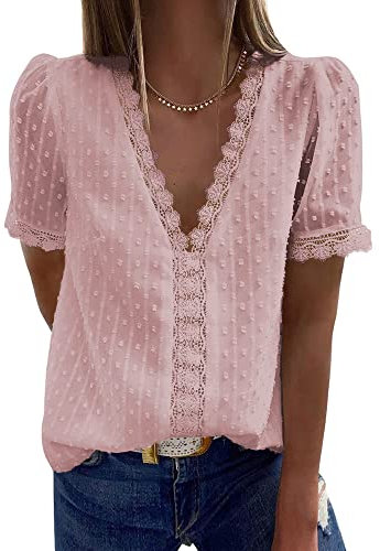 Bipily Chemisier Femme Dentelle Décontracté Col V Élégant Couleur Unie Vintage Manches Courtes Casual Dentelle Blouse(Rose,M)