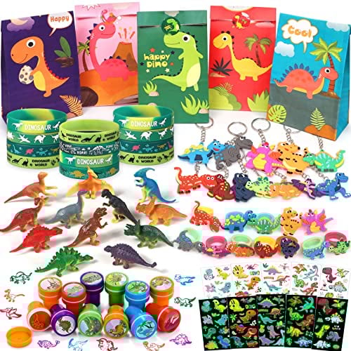 Dinosaurier Party Mitgebsel Kindergeburtstag Jungen 96 STK. Dinosaurier Geschenketüte Mini Dino Figuren Tattoos Schlüsselanhänger Silikon Armbänder Ring Stempel Give Aways Kindergeburtstag für Kinder