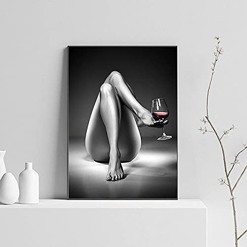 Femme Vin Verre Toile Peinture Body Art Noir Blanc Fille Affiches et Gravures Moderne Mur Photo Pour La Maison Chambre Décor 50x75cm(20x30in) Avec cadre
