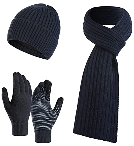 Jarseila Herren Mütze Schal und Handschuhe Set Winter Warme Wintermütze Touchscreen Handschuhe Winterschal Beanie mit Fleecefutter Strickmütze Unisex Blau