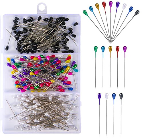 BOXOB 300 Stück Stecknadeln mit Kopf, Weiß Schwarz Bunte Stecknadeln Lang Tropfenförmige Stecknadeln für Corsage Nähen Heimwerken Hochzeit Dekorationen (55mm)