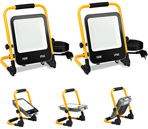 Tubiaz 2PCS 150W LED Projecteur de Chantier, Projecteur LED Extérieur 13000LM 6000K Blanc Froid avec Support Pliable, Lampe de travail Portable étanche IP66 pour Chantier Urgence (cordon 3M )