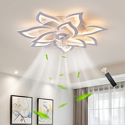 Becailyer Ceiling Fan with Light, Modern Indoor Flush Mount Flower Ceiling Fan Dimmable LED Light with Remote Control, 6 Gear Wind Speed for Living Dining Room Bedroom, 100W 31.8in/White