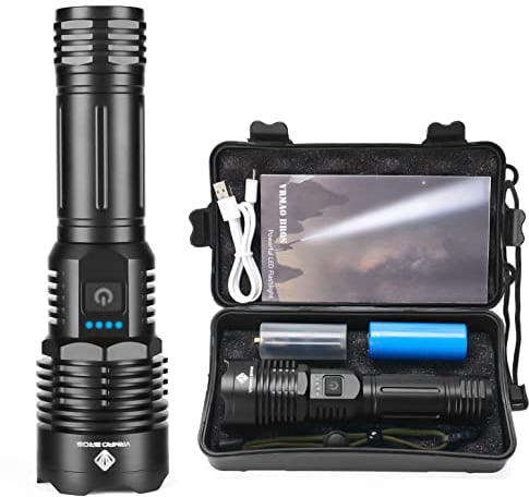 VRMAO BROS Lampe Torche LED Ultra Puissante 10000 Lumens Lampe Torche Rechargeable Super Lumineux Militaire en Aluminium, IPX5 Étanche 5 Modes d'éclairage & Zoomable 5000mAh Batterie