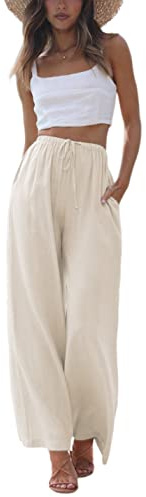 Faleave Women's Cotton Linen Summer Palazzo Pants Flowy Wide Leg Beach Trousers with Pockets(Apricot-L)