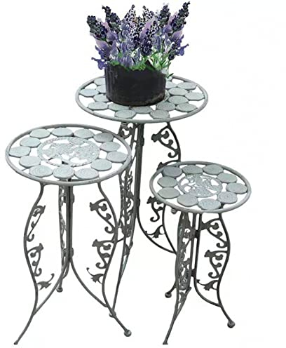3-teiliges Blumenhocker-Gestell, Set mit 3 Satztischen, robuster Pflanzensockel, Metall-Pflanzenständer, für Terrasse, Balkon, Veranda, Garten,M