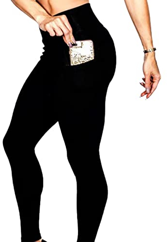 OYIGELZ Sport Leggings Damen High Waist mit Taschen Bauchkontrolle Sporthose Blickdichte Po Push Up Lange Sportleggins Yogahosen(XL,Schwarz)