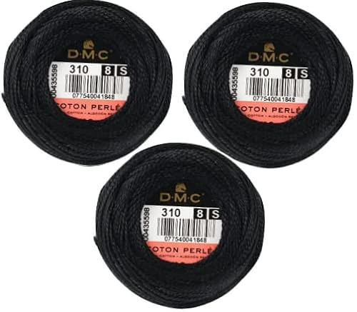 DMC Perlgarn-Knäuel, Baumwolle, Schwarz, 3 Packungen, Größe 8, DMC 116 8–310, 95 Meter, % 100 Baumwolle, INCELER Bündel