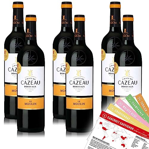 Château Cazeau Le Moulin Bordeaux AOP, trocken, sortenreines Weinpaket + VINOX Winecards (6x0,75l)