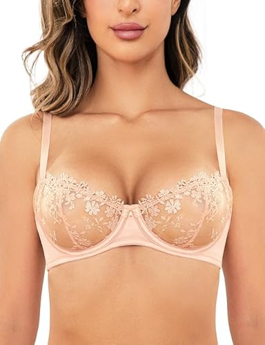 Wingslove Damen BH mit Bügel Floraler Spitze BH Weiche Sexy Durchsichtiger BH Balconette Lace Bra ohne Gepolster (Rosa Nude, 80C