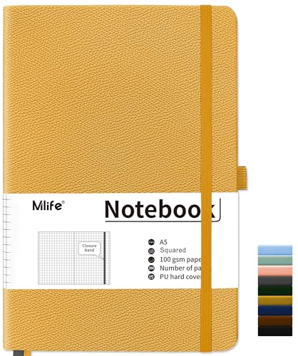 Mlife Notizbuch A5 Kariert,200 Seiten Notizbücher Hardcover,Premium 100gsm Tintenfestes Papie Dickes,PU Hard Cover Notebook,Innentasche,Elastisch Gebändert,Bullet journal&Notizblock,Tagebuch(Gelb)