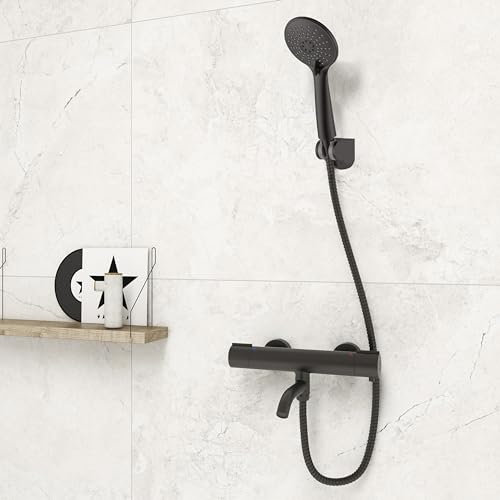 Aica Sanitarios Grifo Termostático, Mezclador y Ducha de Mano 3 Tipos de Chorro, Negro Mate, Grifo de Ducha para Bañera y Baño