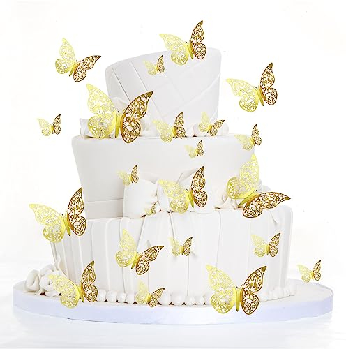 48PCS Gold 3D Butterfly Cupcake Toppers, Hollow Butterfly Party Cake Decoration Butterfly Stickers for Birthday Wedding Party/Wall Decoration