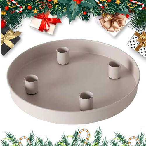 Magnet Kerzentablett Für Stabkerzen 20 cm Rund, Metall Kerzen Tablett Mit 4 Magnetischen Kerzenhaltern, Moderner Adventkranz Für Weihnachten Oder Ganzjährige Tisch Deko (Beige)