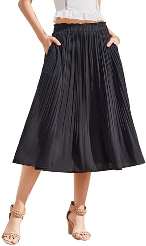 Hotouch Rock Schwarz Lang Damen Sommer Midirock Leicht Fließenden Chiffon Röcke mit Taschen A-Linie Schwarzer Plisseerock Größe L