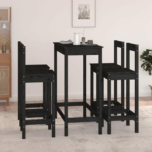 LAPOOH 5-TLG. Bar-Set, Bartisch Mit Barhocker Set, Hochtisch Mit Stühlen Set, Küchentheke Mit Hocker, Esstisch Mit Stühlen, Schwarz Massivholz Kiefer