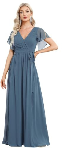 Ever-Pretty Women's Empire Waist V Neck Short Sleeve Floor Length Chiffon Evening Dresses Dusty Navy 14UK