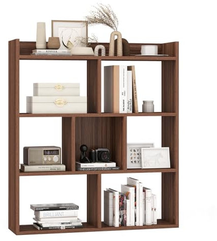 COSTWAY Bibliothèque Étagère 7 Compartiments Ouverte, Meuble de Rangement à 4 Niveaux, Dispositifs Anti-basculement, pour Chambre, Bureau, Salon, 20 x 80 x 90 cm (Noyer)