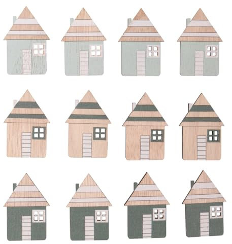 Rayher Streuteile aus Holz, Haus, 12 Stück, 2,6 x 3,9 cm, sortiert, Holz FSC zertifiziert, mit Klebepunkt, Holzstreuer, Streudeko Weihnachten, Tischstreuer, 46764000