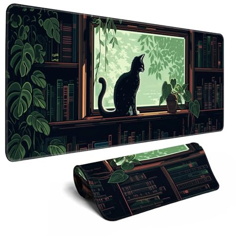 Tapis de souris XL pour gaming Kawaii mignon chat pixel extérieur extra large (80 x 30 cm), tapis de bureau vert, tapis de souris pour décoration de maison, bureau, bords cousus, surface lisse, fond