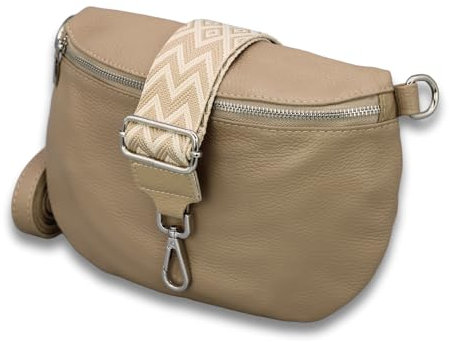 ADEL Bauchtasche Damen Echtleder ADA Handgemachte Umhängetasche Crossbody Bag Hüfttasche mit Ledergürtel + Breiten Gemusterten Riemen 3 Fächer Stylische Schultertasche Made in Italy