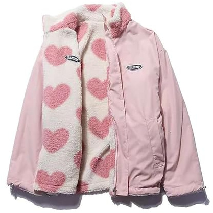 FYHTC Fleece Sherpa Jacken für Damen, Wendbar Kawaii Herzen Print Flauschig mit Reißverschluss, Cutecore Mäntel Ästhetische Y2k Gyaru Kleidung
