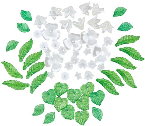 SUPERFINDINGS 6 Styles Perles de Fleurs Blanches en Verre avec Perles de Feuilles Vertes Perles de Fleurs en Acrylique Tulipe Fleur de clocher lys Fleur à Trois pétales kit de Perles Florales Gadgets