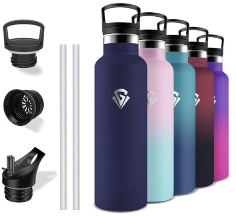 Grsta Gourde Isotherme, 750 ml Bouteille d'eau, Gourde Paille, Sans BPA, Gourde Inox, avec Paille et Ouverture pour Boire, Gourde Metal, Double Isolation, pour Bureau, Voyage, Camping, Yoga, Randonnée