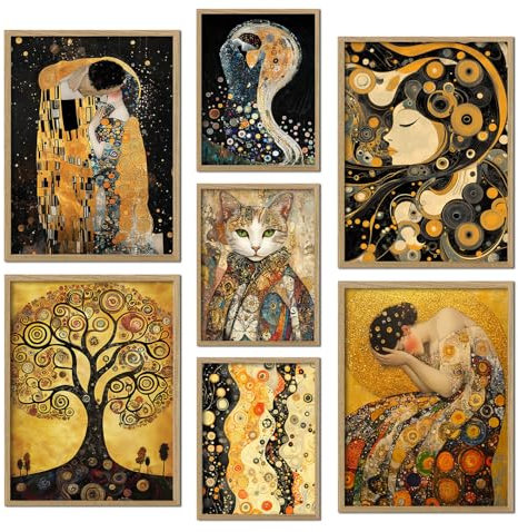 ag.art deco® Poster Set 7 Gustav Klimt Abstrakt mit Holz Rahmen | Wandbild Klimt Style Baum des Lebens Katze | Modern Bild Schwarz Gold Mehrteilige Wanddeko Wohnzimmer & Büro