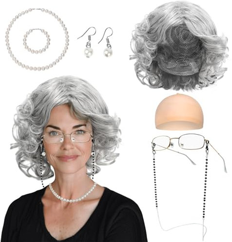 TUONYIS Graues Oma-Perücken-Set, Kunsthaar-Kostüm für alte Dame, inkl. Perücke, Kappe, Brille, Kette, Perlenkette, Armband, Ohrringe für Halloween, Welttag des Buches, Cosplay, Karneval