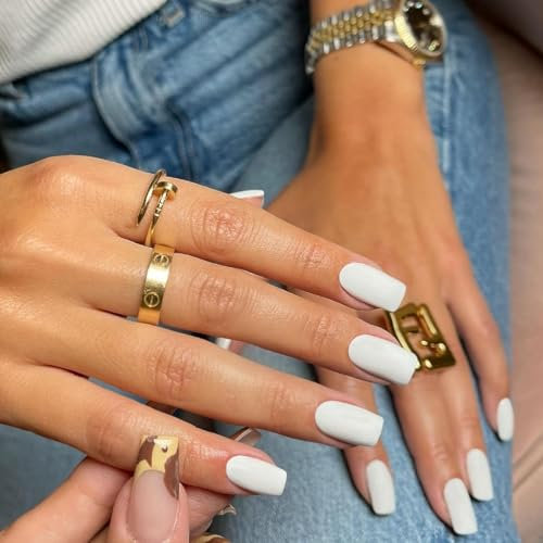 SXVME Matte White False Nails Short Medium Square, Gel Press on Nails Coffin Medium Fake Nails Set Solid Color Acrylic Nail Natural Fit Reusable Stick on Nail for Women Daily Wear, in 24 Pcs