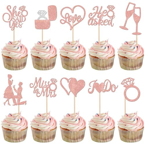 30 Stück Hochzeiten Tortendeko Glitzer He Ask She Said Yes Cupcake Toppers Miss to Mrs Diamant Ring Kuchen Deko für Verlobung Hochzeiten Thema Party Kuchen Dekorationen Rosegold