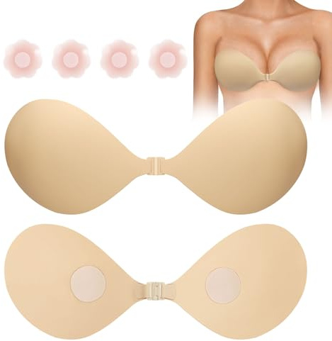 Lusibaka Klebe BH Unsichtbar Push Up Klebe BH Rückenfreier Trägerloser Klebebh,Haut Freundlich Silikon Selbstklebend (DE/NL/SE/PL, Numerisch, 30, 42, Regular, Regular, B, Beige)