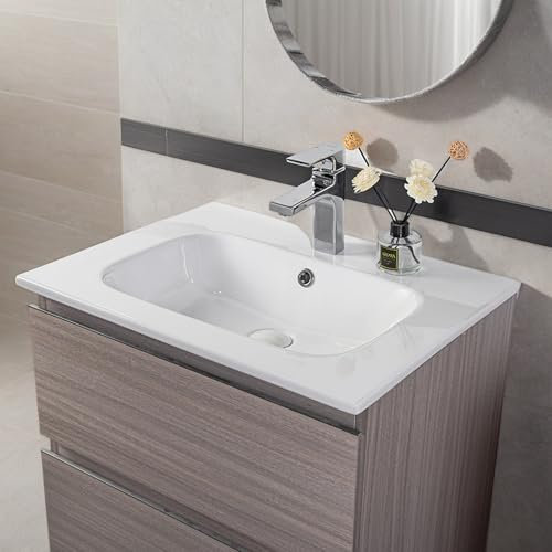 NUESTRA VIDA Waschbecken aus Keramik Weiß 61x46x15,5 cm Eckig, Einbauwaschbecken mit Hahnloch und Überlauf, Handwaschbecken für das Badezimme