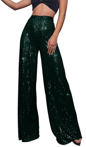 Generisch Pailletten Hose Damen Glänzend Schlaghose Elastische Hohe Taille Glitzerhose Extra Lang Bootcut Pailettenhose Sparkle Glitter Hosen Weites Bein Sommer Freizeithose Große Größen Damenhose