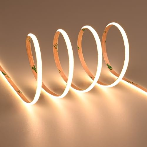 TOPAI Tira LED COB Ultra Delgada 4mm 12V 5 Metros Blanco Cálido 3000K 400LED/M CRI>90 Regulable Autoadhesiva Flexible Cortable para Casa Dormitorio Cocina (Solo Tira LED)