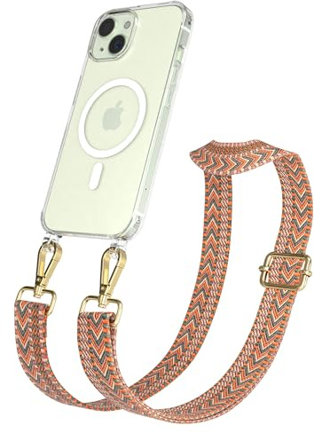 EAZY CASE Handykette - Verstellbares Taschenband kompatibel mit iPhone 15, Schulterriemen, Handykordel mit Silikon Hülle, Qi Charging kompatibel, Umhängetasche, Orange Grün Gold