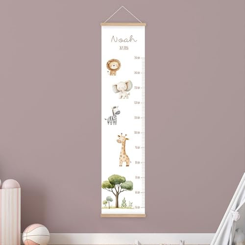 Messlatte Kinder mit Name 50-150cm - mit Tieren als Dekoration fürs Kinderzimmer - personalisierte Messlatte Kinder - tolles Geburts Geschenk – personalisert – Aufkleben oder Aufhängen (Zum Aufhängen)