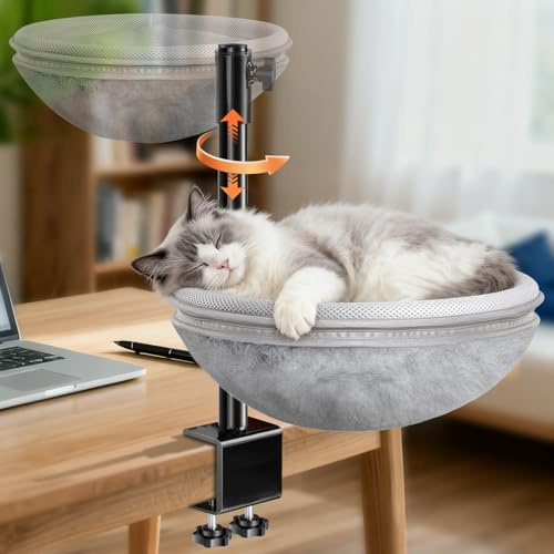 Cat Desk Bed, Cat Hammock with 360° Rotating & Height Adjustable, Removable Dual-Sided Breathable & Comfortable Kitten Bed, Cats Furniture Attachment for Indoor Office Desk (Grey)