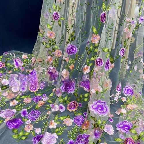 Blausky 1 Yard 3D Bestickter Blumen-Spitzenstoff,130cm Breiter Bestickter Tüll-Spitzenbesatz Tüllstoff Tüll Dekostoff zum Nähen für Hochzeitskleider Tutu Röcken Geschenk-Schleife,Lila