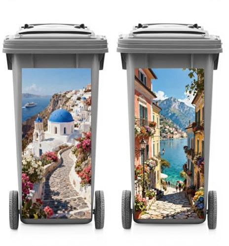 ANATTASOUL 2 Sheets Spring Wheelie Bin Stickers Architecture with Lakes Flowers Waterproof Dustbin Covers Decor, 14.9x 32.2 Large Decal for Bins, Fridge, Wall, Garden Outdoor, Indoor Decoration