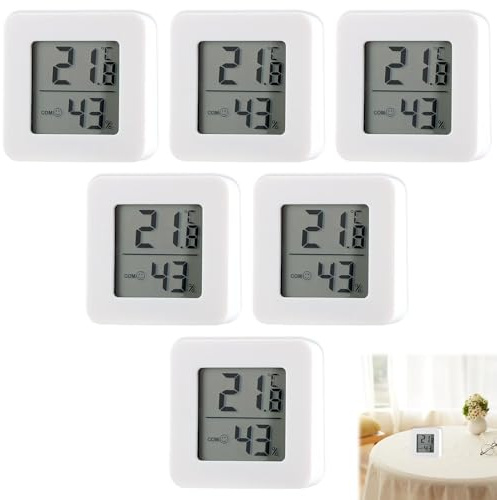 6 Stück Digital Hygrometer Innen LCD Raumthermometer Luftfeuchtigkeit | Mini Luftfeuchtigkeitsmesser mit Smiley Anzeige, −10 bis 50 °C, für Zimmer, Büro, Gewächshaus, Keller und Wandmontage