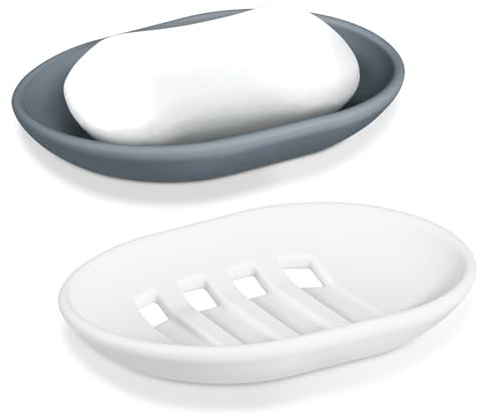 Porte Savon en Silicone, Lot de 2 Boite Savon avec Drainage, Support Savon Antidérapant et Portable, Porte Savon Cuisine, Salle de Bain, Douche - Gris & Blanc