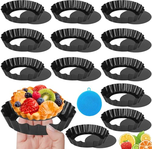 JOYBOY 12 Stück Tarteform mit Hebeboden,Mini Quicheform mit Hebeboden,Antihaftbeschichtung Mini Quicheform,Tarte Pan,Quiche Form,Obstkuchenform,Schwarz Tortenboden Backform für Quiche,Obstkuchen,Pie