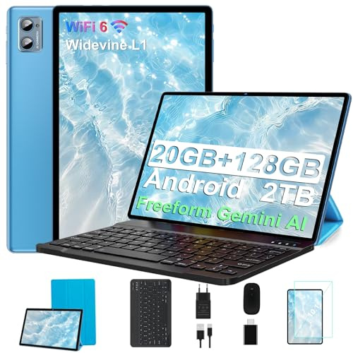 2026 Android Tableta 10.1 pulgadas, octa-core, con 20 GB de RAM + 128 GB de ROM +2 TB | 5G WiFi | FHD | GMS | Bluetooth 5.0 | 8 MP + 5 MP | Tipo C, tableta táctil, carcasa, teclado y ratón - Azul