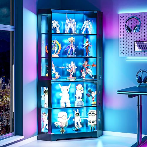 Wumagin Vitrina de Esquina de Cristal con Luces LED de 180 cm, Vitrina Expositora para Colecciones 5 Niveles con Luces Dinámicas y Sensor para Dormitorio, Salón
