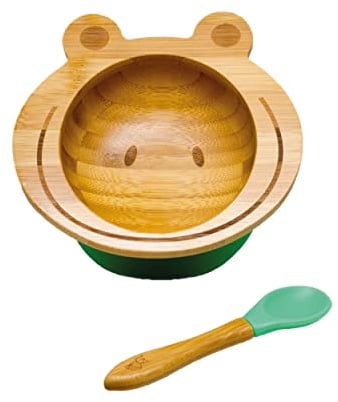 Kleiner Fuchs Baby Bambus Schüssel mit Saugnapf, Schüssel mit rutschfestem Saugnapf inkl. passendem Baby Löffel, hochwertige Bambus Schale mit Saugnapf inkl. Geschenkbox - Frosch Design