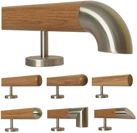 TIBU Eiche Holz Handlauf Geländer 0,3m - 6m, Länge 80 cm, Ende Edelstahlbogen und 2 gerade Halter